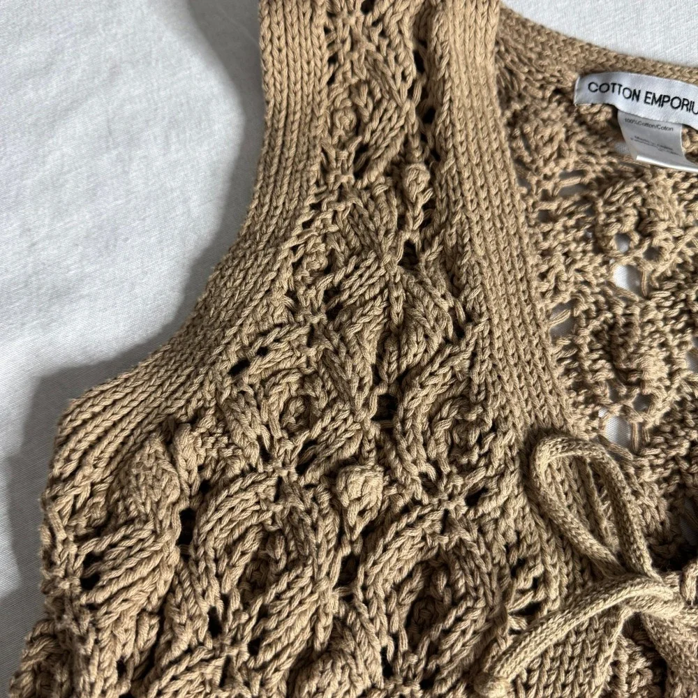 Cotton Emporium Tan Crochet‎ Knit Tie Front Vest Boho Sleeveless Cardigan Medium